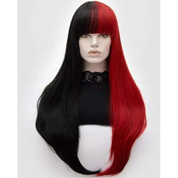 Half Red Half Black Split Dye Hair Wig with Bangs - Picture 3 of 6